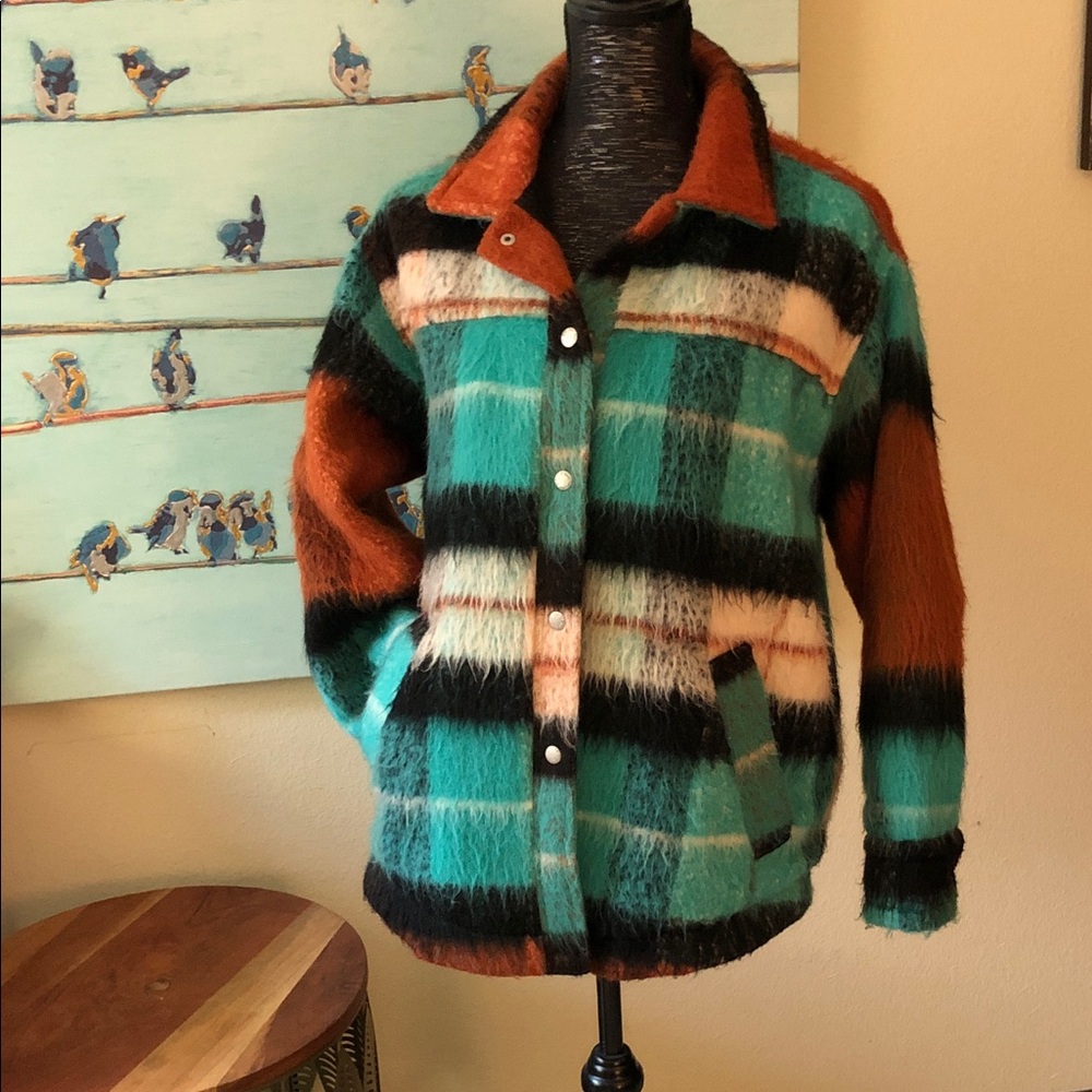BDG Teal and Rust Plaid Teddy Coat